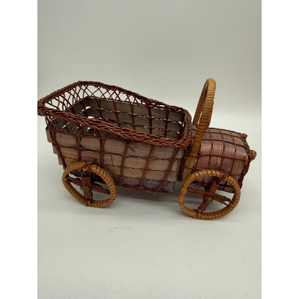 Vintage Wicker Rattan Planter Antique Car Handmade Boho Decor Brown
